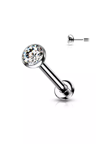 Kép 1/2 - A & ONE Ezüst Színű Titánium Egyenesszárú Labret Piercing Fehér Kővel-Dísz 3mm