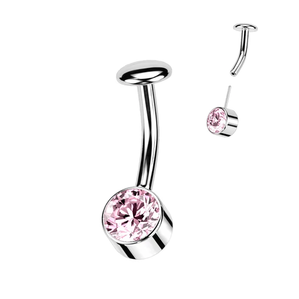 Ezüst Színű Titánium Köldök Piercing Csillogó Pink Kővel